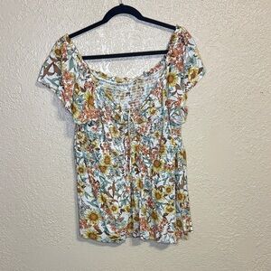 Maurices Yellow & Brown Floral Smocked Peasant Top